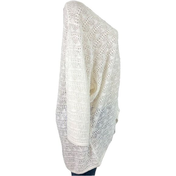 Torrid +5 White V-Neck Drawstring Cinched Front Open Stitch 3/4 Sleeve Sweater - Picture 3 of 6